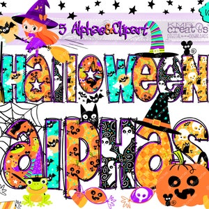 Alfabeto de Halloween, letras de Halloween, clipart de Halloween, paquete de clipart png, letras doodle png, niños negros lindos, bolsa de golosinas de Halloween