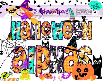 Halloween alphabet, Halloween letters, Halloween clipart, clipart bundle png, doodle letters png, cute black kids, Halloween treat bag