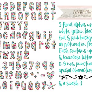 May include: A digital alphabet set featuring uppercase and lowercase letters, numbers 0-9, punctuation, and special characters. Each character is filled with a colorful floral pattern on a white background, outlined in black with a sketch-like style.