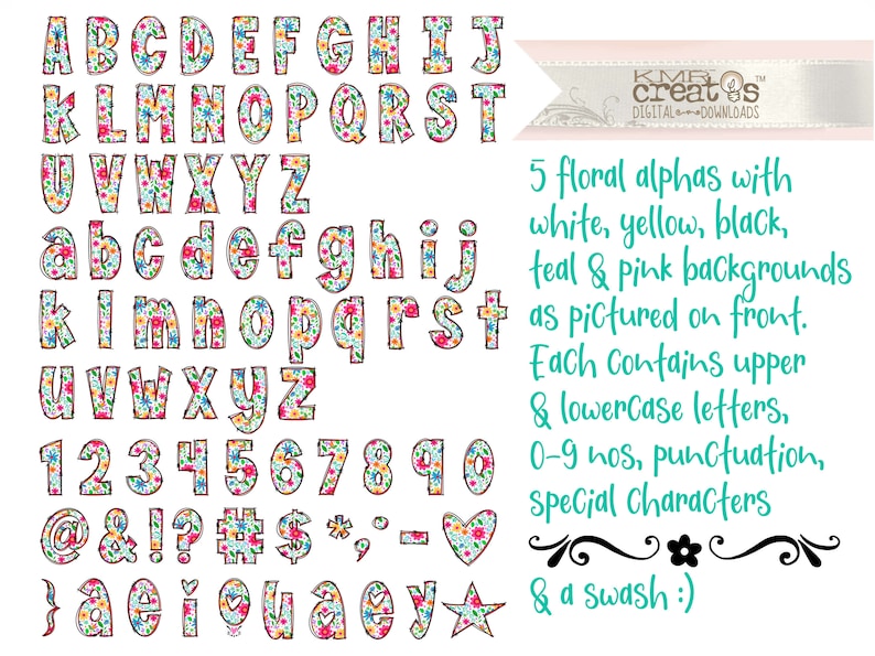 May include: A digital alphabet set featuring uppercase and lowercase letters, numbers 0-9, punctuation, and special characters. Each character is filled with a colorful floral pattern on a white background, outlined in black with a sketch-like style.