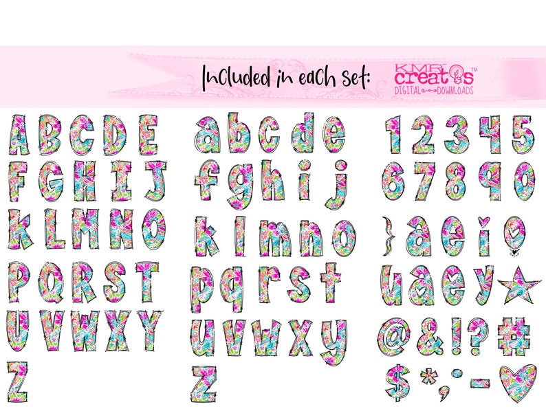 Puede incluir: Un conjunto de letras del alfabeto, n&uacute;meros y s&iacute;mbolos coloridos con un patr&oacute;n floral. Las letras son may&uacute;sculas y min&uacute;sculas. Los n&uacute;meros van del 1 al 0. Los s&iacute;mbolos incluyen signos de puntuaci&oacute;n, una estrella y un coraz&oacute;n.