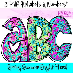Primavera Verão Floral Brilhante Alfabeto PNG, letras doodle png, letras estilo preppy, fonte floral png, arco-íris brilhante alfa, números florais