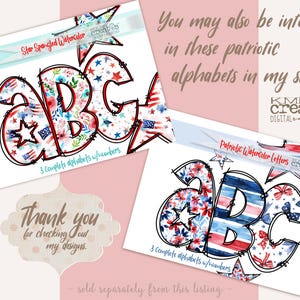May include: Two digital download listings for patriotic watercolor alphabet sets. The first set features a star-spangled design with red, white, and blue stars and stripes. The second set features a red, white, and blue floral design with stripes and bows. Both sets include 3 complete alphabets with numbers.