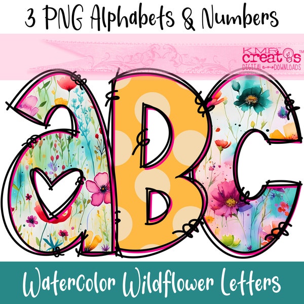 Wildflower alphabet watercolor letters, floral alphabet, doodle floral letter, wedding letters, Easter letters png, Easter alphabet png