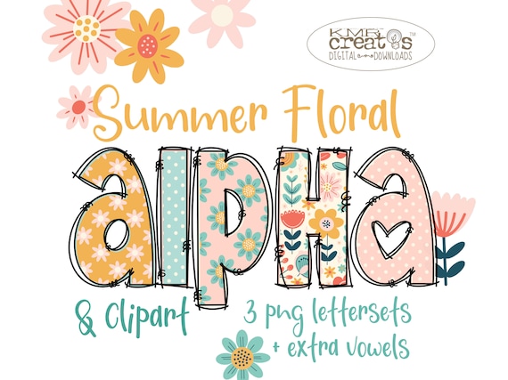 Summer Floral Alpha, Mothers Day clipart, Spring letter png, flower alphabet, Kawaii flower png, Polka dot letters, modern floral design