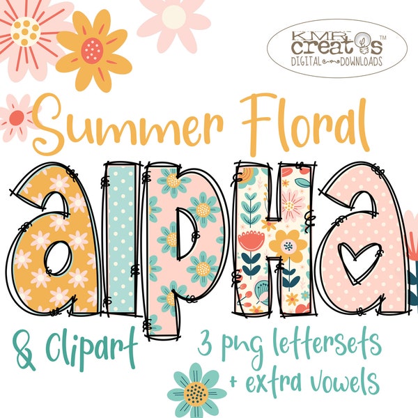 Summer Floral Alpha, Mothers Day clipart, Spring letter png, flower alphabet, Kawaii flower png, Polka dot letters, modern floral design