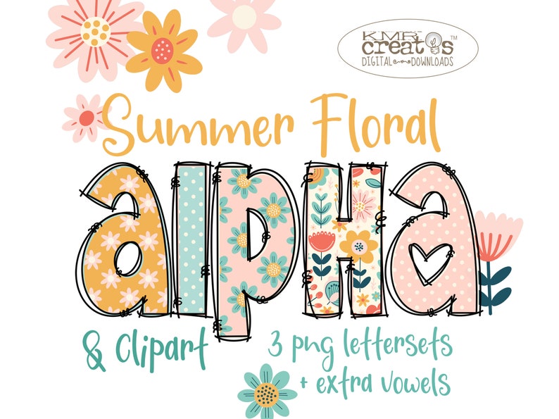 May include: Summer Floral Alpha Clipart - 3 PNG letter sets with extra vowels. The letters are decorated with a floral pattern in pink, yellow, and green.