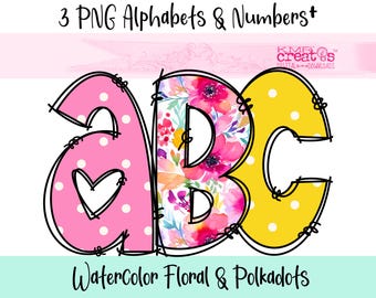 Watercolor Floral Alphabet PNG: Rainbow Flowers and Polka Dot Letters (Digital Download)