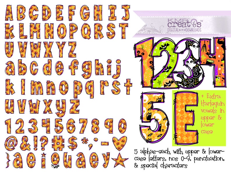 Halloweenbokstäver, Halloween-alfabet, Halloween-clipart, clipartpaket png, doodlebokstäver png, söta svarta barn, Halloween-godispåse bild 3