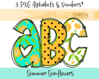 Sunflower Alphabet PNG: Teal & Yellow Doodle Letters (Digital Download)