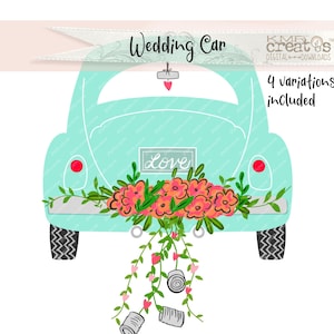 Turkusowy samochód ślubny Just Married Clipart, ogłoszenie o ślubie, clipart samochodu ślubnego, zaproszenie na ślub, clipart dnia ślubu, przyjęcie