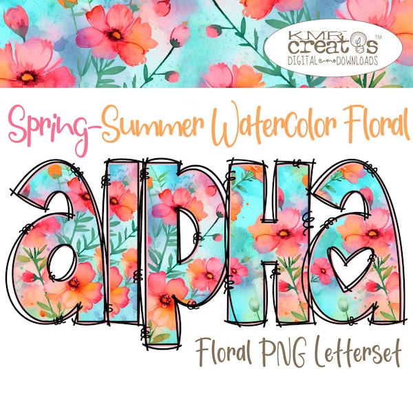 Flower alphabet, spring summer floral, watercolor letters, orange pink flowers, summer floral alpha, spring letter png, flower floral font,