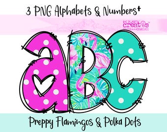 Flamingo Alphabet PNG: Pink & Teal Polka Dot Doodle Letters, Tropical Preppy Style (Digital Download)