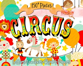 Circus Clipart & Digital Paper: Carnival Alphabet, Numbers (PNG, JPEG Downloadable Files)
