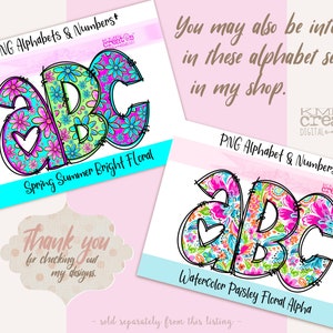 May include: Two digital display cards featuring alphabet letters A, B, and C. One card shows bright floral patterns in blue, pink, and green. The other displays a watercolor paisley floral design. Both include the text PNG Alphabets & Numbers.