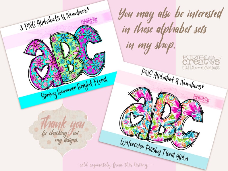May include: Two digital display cards featuring alphabet letters A, B, and C. One card shows bright floral patterns in blue, pink, and green. The other displays a watercolor paisley floral design. Both include the text PNG Alphabets & Numbers.