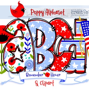 Letras fofas de papoula, alfabeto do Memorial Day, letras patrióticas, alfabeto patriótico, letras de rabiscos alfabéticos, clipart patriótico, rabisco americano PNG,