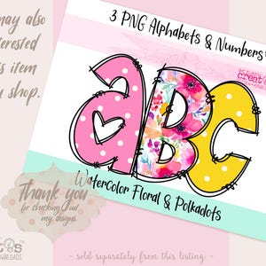 Puede incluir: Tres letras del alfabeto PNG, A, B y C, con un dise&ntilde;o de lunares, floral y lunares amarillos. Las letras est&aacute;n delineadas en negro y tienen un estilo dibujado a mano. El texto "3 PNG Alphabets & Numbers+" est&aacute; en la parte superior de la imagen. El texto "Watercolor Floral & Polkadots" est&aacute; debajo de las letras. El texto "KMR creates" est&aacute; en la esquina inferior derecha de la imagen.