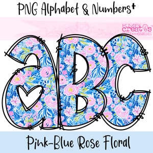 PNG de letras del alfabeto floral rosa y azul, letras de rosa rosa, alfa floral de muy buen gusto, números florales png, letras de garabato alfa, alfabeto de flores