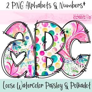 Letras de acuarela Paisley Polkadot PNG, alfabeto floral PNG, alfabeto alfa de arcoíris brillante, letras alfa doodle, letras de flores PNG, doodle floral