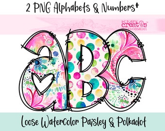 Letras de acuarela Paisley Polkadot PNG, alfabeto floral PNG, alfabeto alfa de arcoíris brillante, letras alfa doodle, letras de flores PNG, doodle floral
