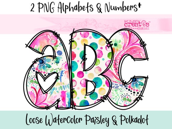 Paisley Polkadot PNG Watercolor Letters, floral alphabet png, bright rainbow alpha, alpha doodle letters, png flower letters, floral doodle