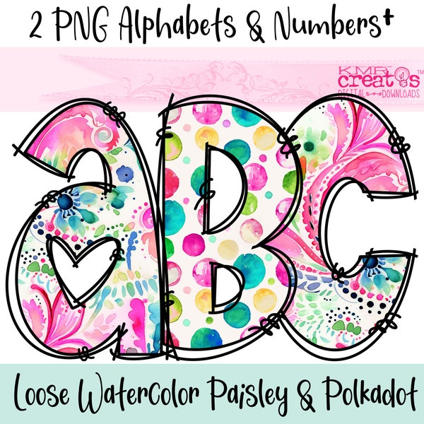 Paisley Polkadot PNG Watercolor Letters, floral alphabet png, bright rainbow alpha, alpha doodle letters, png flower letters, floral doodle