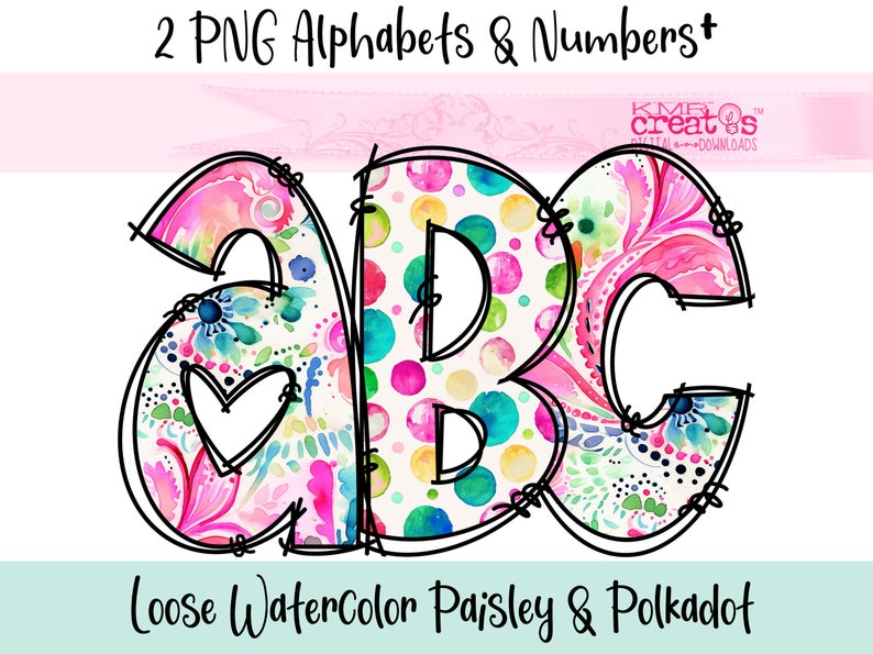 May include: Two PNG alphabet letters A, B, and C. The letters are outlined in black and filled with a watercolor paisley and polka dot pattern. The letters are in a loose, hand-drawn style.