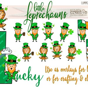 May include: A set of digital clipart images featuring cartoon leprechauns in various poses. The leprechauns are wearing green hats, green shirts, and orange pants. Some are holding pots of gold, shamrocks, or mugs of beer. The text "little leprechauns" and "lucky" are also included in the image.