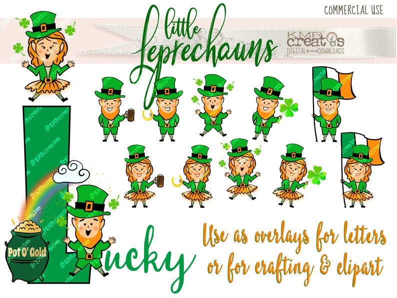 May include: A set of digital clipart images featuring cartoon leprechauns in various poses. The leprechauns are wearing green hats, green shirts, and orange pants. Some are holding pots of gold, shamrocks, or mugs of beer. The text "little leprechauns" and "lucky" are also included in the image.