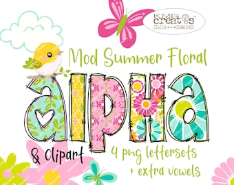 Floral Alphabet PNG, Retro Mod Buchstaben, Frühling Sommer Alpha, Blumen Clipart PNG, Kawaii Clipart PNG, Blumen Brief Bündel, PNG Frühling Blumen