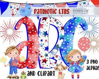 Patriotic Doodle Letters: Red White Blue Alphabet Clipart PNG