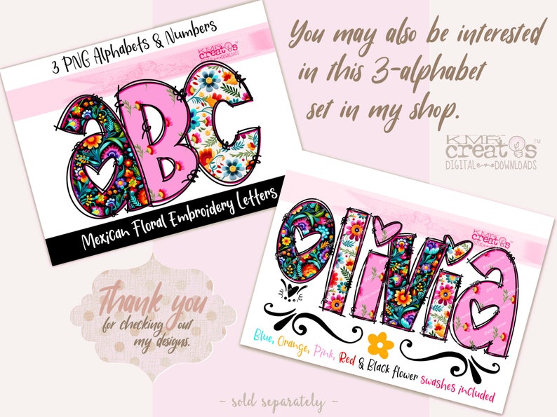 May include: Three digital embroidery letters, A, B, and C, in pink with a colourful floral pattern. The letters are outlined in black and have a heart shape in the centre. The letters are labelled as "Mexican Floral Embroidery Letters".
