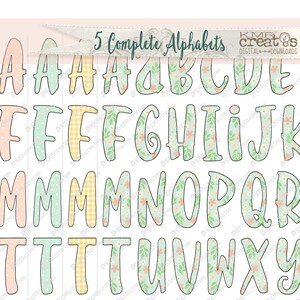 May include: Five complete alphabets with different floral and patterned designs. Each letter is outlined in black and has a different pattern, including floral, polka dot, gingham, and geometric designs. The letters are in a light green, pink, and yellow color scheme.