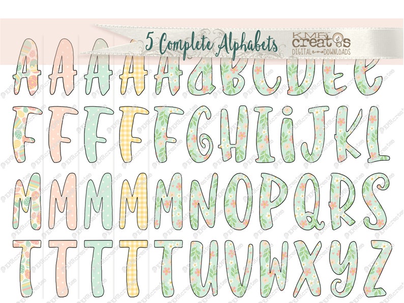 May include: Five complete alphabets with different floral and patterned designs. Each letter is outlined in black and has a different pattern, including floral, polka dot, gingham, and geometric designs. The letters are in a light green, pink, and yellow color scheme.