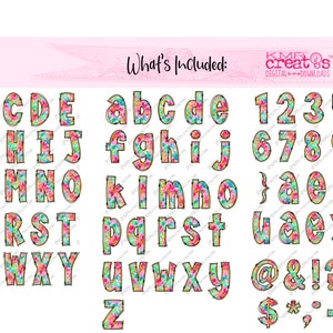 May include: A set of colorful alphabet letters and numbers with floral patterns. The letters and numbers are outlined in black and have a white background. The set also includes symbols such as an ampersand, exclamation point, question mark, hashtag, dollar sign, asterisk, colon, hyphen, and a heart.