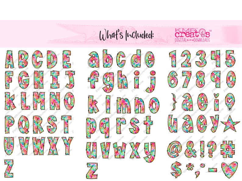 May include: A set of colorful alphabet letters and numbers with floral patterns. The letters and numbers are outlined in black and have a white background. The set also includes symbols such as an ampersand, exclamation point, question mark, hashtag, dollar sign, asterisk, colon, hyphen, and a heart.