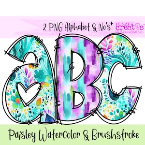 Paisley Teal Alpha Doodle Letters PNG, floral alphabet png, preppy style, watercolor paisley, floral numbers png, alpha doodle letters