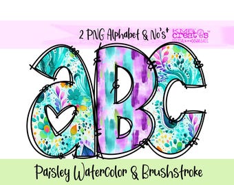 Letras PNG con garabatos alfabéticos en verde azulado paisley, alfabeto floral PNG, estilo preppy, acuarela paisley, números florales PNG, letras con garabatos alfabéticos