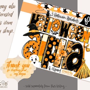 May include: A digital graphic design featuring the text 5 Halloween Alphabets and BOO, decorated with orange and black patterns, a witch hat, a ghost, and a broomstick. The design includes various spooky motifs like stars, bats, and pumpkins.