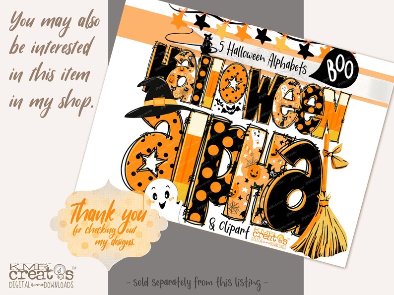 May include: A digital graphic design featuring the text 5 Halloween Alphabets and BOO, decorated with orange and black patterns, a witch hat, a ghost, and a broomstick. The design includes various spooky motifs like stars, bats, and pumpkins.