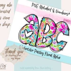 May include: Watercolor paisley floral alphabet letters A, B, and C in pink, blue, and green. The letters are outlined in black and have a white background.