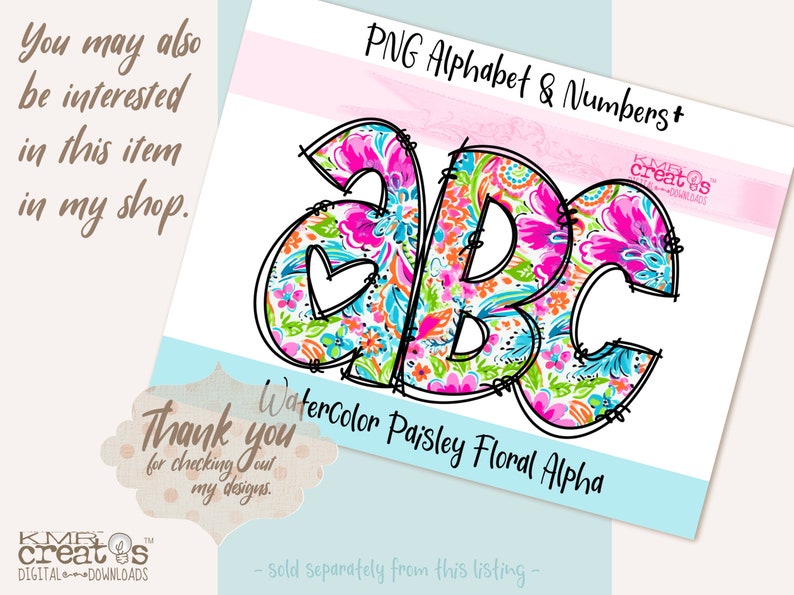 May include: Watercolor paisley floral alphabet letters A, B, and C in pink, blue, and green. The letters are outlined in black and have a white background.