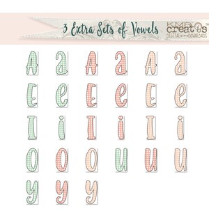 May include: Three sets of vowels in different colors and patterns. The letters are A, E, I, O, U, and Y. Each letter is in a green, pink, or peach gingham pattern.