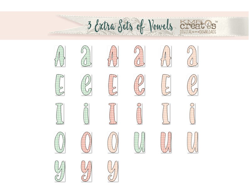 May include: Three sets of vowels in different colors and patterns. The letters are A, E, I, O, U, and Y. Each letter is in a green, pink, or peach gingham pattern.