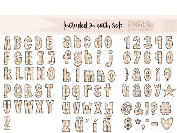 Boho Doodle Alphabet PNG: Floral, Plaid, Polka Dot (digital