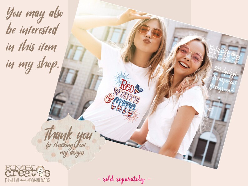 May include: Two women wearing white t-shirts, one with a red, white, and blue graphic that says "Red White & Cute" with fireworks and a heart. The women are smiling and wearing sunglasses. The background is a city street.