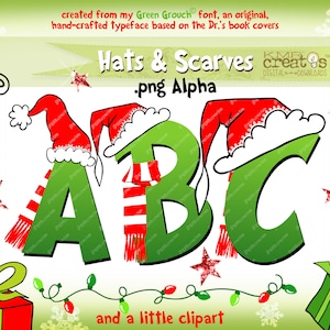 Letras navideñas, diseños de grinc png, alfabeto de grinc png, letras con sombreros, letras con bufandas