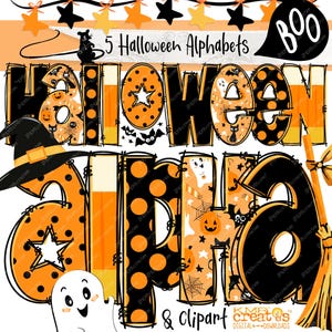 Alfabeto de Halloween Clipart Bundle PNG, letras de Halloween, clipart de Halloween, letras pretas laranja, alfabeto de milho doce, letras de bolinhas