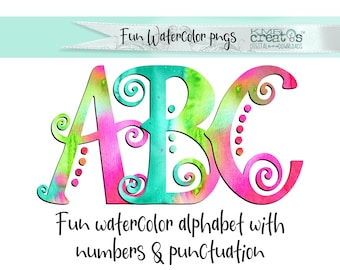 Watercolor Doodle Alphabet PNG: Rainbow Curls and Dots (Digital Download)